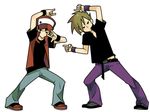  baseball_cap belt black_hair brown_hair dragon_ball dragon_ball_z fusion_dance green_eyes hat male_focus multiple_boys ookido_green pokemon pokemon_(game) pokemon_frlg pokemon_rgby red_(pokemon) red_(pokemon_rgby) simple_background wristband 