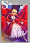  ahoge binary blonde_hair breasts cleavage dress epaulettes fate/extra fate_(series) green_eyes hair_ribbon medium_breasts nero_claudius_(fate) nero_claudius_(fate)_(all) ribbon see-through shirotsumekusa sitting smile solo 
