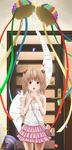  bad_id bad_pixiv_id bag birthday blush brown_eyes brown_hair camisole confetti door hair_bobbles hair_ornament hands_together open_mouth original own_hands_together ribbon skirt solo twintails yoropa 
