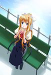  air bench blonde_hair blue_eyes juice_box kamio_misuzu long_hair looking_up ponytail school_uniform sipping sitting solo yuzuki_karin 