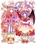  bad_id bad_pixiv_id bat_wings bow colored_eyelashes crescent crossed_arms dress hair_bow hat highres jaku_sono long_hair multiple_girls patchouli_knowledge purple_hair red_eyes remilia_scarlet short_hair touhou very_long_hair wings 