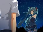  1girl detached_sleeves green_eyes green_hair hatsune_miku long_hair necktie night night_sky skirt sky solo_focus star_(sky) starry_sky thighhighs twintails very_long_hair vocaloid yuzuki_kei 