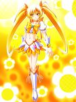  blonde_hair boots bow choker cure_sunshine engo_(aquawatery) floral_background hair_ribbon heart heartcatch_precure! knee_boots long_hair magical_girl midriff myoudouin_itsuki navel orange_choker orange_skirt precure ribbon skirt solo twintails wrist_cuffs yellow yellow_background yellow_bow yellow_eyes 