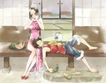  1girl barefoot black_hair blush boa_hancock china_dress chinese_clothes cocotri couple dress food fruit hands_on_own_face hetero ice_pack kayari_buta lap_pillow monkey_d_luffy mosquito_coil one_piece sandals sleeping tatami veranda watermelon 