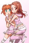  aqua_eyes brown_eyes brown_hair highres hug idolmaster idolmaster_(classic) idolmaster_2 long_hair minase_iori multiple_girls striped striped_legwear takatsuki_yayoi thighhighs ttomm twintails 