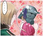  1boy 1girl alphonse_elric axis_powers_hetalia blue_ribbon blush brown_hair floral_background from_behind fullmetal_alchemist kugimiya_rie liechtenstein_(hetalia) looking_back mask paku_romi parody puffy_sleeves ribbon sakazakimay seiyuu_connection shiny short_hair spoken_ellipsis striped striped_background sweat sweating_profusely switzerland_(hetalia) 