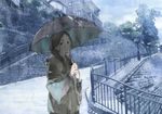  blue braid brown_eyes brown_hair coat hair_over_shoulder long_hair muted_color original railing rain real_world_location road solo toi8 twin_braids umbrella 