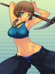  aqua_eyes armpits arms_up bad_id bad_pixiv_id blush brown_hair bundesliga fc_schalke_04 germany highres navel nose_tape original personification pickaxe shirt short_hair soccer solo taut_clothes taut_shirt yoko_juusuke 