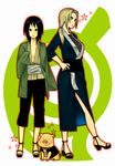  alternate_eye_color bare_legs black_eyes black_hair blonde_hair breasts cosplay costume_switch facial_mark fishnets flat_chest forehead_mark green_eyes high_heels konohagakure_symbol large_breasts long_hair low_twintails multiple_girls naruto naruto_(series) ninja obi pig sash shizune_(naruto) short_hair simple_background sleeves_past_wrists standing tonton_(naruto) tsunade twintails white_background 