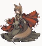  animal_ears brown_hair chili dress holo konecoya long_hair mouth_hold red_eyes simple_background solo spice_and_wolf tail wolf_ears wolf_tail 