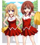  bare_shoulders blonde_hair breasts brown_eyes brown_hair cheerleader hair_ribbon hands_on_hips heart heart_in_mouth long_hair maribel_hearn multiple_girls no_hat no_headwear open_mouth pleated_skirt pom_poms purple_eyes ribbon short_hair skirt small_breasts smile tori_(minamopa) touhou usami_renko 