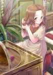  arrietty brown_eyes brown_hair dress hair_down hairdressing highres hyuuga_azuri karigurashi_no_arrietty sitting solo 