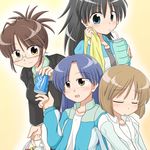  akizuki_ritsuko black_hair blue_eyes brown_eyes brown_hair can closed_eyes folded_ponytail ganaha_hibiki hagiwara_yukiho idolmaster idolmaster_(classic) idolmaster_2 kisaragi_chihaya long_hair multiple_girls ponytail short_hair soda_can wagomu17 