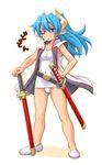  bad_id bad_pixiv_id blue_eyes blue_hair breath eyepatch higuchi_isami horns katana long_hair one-piece_swimsuit pointy_ears ponytail school_swimsuit sheath sheathed shinrabanshou solo swimsuit sword tousen'in_kagemitsu vest weapon white_school_swimsuit white_swimsuit 