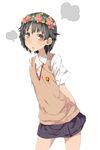  black_hair brown_eyes cardigan flower head_wreath highres samuraig school_uniform short_hair simple_background solo to_aru_kagaku_no_railgun to_aru_majutsu_no_index uiharu_kazari vest 