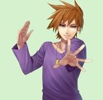  brown_eyes brown_hair collarbone fingernails green_background highres image_sample irohara_mitabi jewelry looking_at_viewer male_focus necklace ookido_green open_hands outstretched_arm pixiv_sample pokemon pokemon_(game) pokemon_rgby reaching simple_background smile solo spiked_hair 