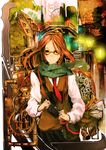  bag brown_eyes brown_hair camera gears glasses hairband highres lamppost long_hair long_sleeves necktie original scarf so-bin solo vest 