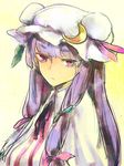  crescent expressionless hat long_hair nakatani_nio patchouli_knowledge purple_eyes purple_hair ribbon solo touhou traditional_media upper_body 