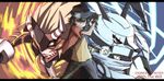  agunimon bad_id bad_pixiv_id black_hair blue_eyes brown_hair digimon digimon_frontier fire goggles goggles_on_head hajime_(hajime-ill-1st) helmet jacket kanbara_takuya letterboxed minamoto_kouji multiple_boys red_eyes split_screen split_theme wolfmon 