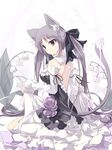  animal_ears back bare_back bow cat_ears cat_tail detached_sleeves dress flower frills hair_bow hair_ornament hair_ribbon kneeling lily_of_the_valley long_hair original purple_eyes purple_flower purple_hair purple_rose ribbon rose satomi sitting solo tail twintails wariza 