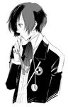  bad_id bad_pixiv_id digital_media_player greyscale hair_over_one_eye headphones ipcen male_focus monochrome persona persona_3 ribbon school_uniform solo yuuki_makoto 