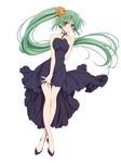  absurdres black_dress breast_squeeze breasts choker dress flower green_eyes green_hair hair_flower hair_ornament highres higurashi_no_naku_koro_ni legs legs_together long_hair medium_breasts official_art ponytail ribbon sakai_kyuuta side_ponytail simple_background solo sonozaki_mion very_long_hair 