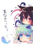  animal_ears bad_id bad_pixiv_id black_hair blue_eyes cat_ears fang fish goose_h green_hair head_rest highres houjuu_nue kemonomimi_mode komeiji_koishi multiple_girls red_eyes short_hair touhou 