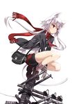  animal_ears bag bike_shorts blazer cat_ears cat_tail jacket looking_afar on_top_of_pole original red_eyes satchel satomi scarf school_uniform short_hair_with_long_locks sidelocks silver_hair simple_background solo squatting tail white_hair 