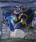  arm_cannon bad_id bad_pixiv_id battle city debris jumping male_focus mecha miyako_(f1) multiple_boys punching rockman rockman_x vava weapon x_(rockman) 