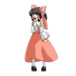  ascot bad_id bad_pixiv_id black_hair bow brown_eyes detached_sleeves hair_bow hakurei_reimu highres mary_janes ponytail red_eyes ribbon shoes skirt solo sora_no_amagumo touhou transparent_background 