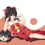  aoi_(concerto) black_hair blue_eyes bow detached_sleeves hair_bow hakurei_reimu highres mouth_hold navel no_bra ofuda short_hair solo touhou yin_yang yukkuri_shiteitte_ne 