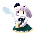  black_hairband blush bob_cut chibi ghost grey_hair hairband highres hitodama konpaku_youmu konpaku_youmu_(ghost) open_mouth short_hair silver_hair simple_background sitting solo tea touhou yume_shokunin 