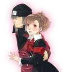  1girl aragaki_shinjirou armband bad_id bad_pixiv_id beanie bow brown_hair couple digital_media_player female_protagonist_(persona_3) grey_eyes hair_ornament hat headphones hetero ipcen persona persona_3 persona_3_portable red_eyes school_uniform short_hair smile trench_coat 