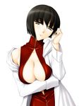  adjusting_hair bad_id bad_pixiv_id bangs bare_shoulders black_hair blunt_bangs breast_hold breasts brown_eyes center_opening chinese_clothes cleavage labcoat large_breasts off_shoulder open_clothes original short_hair solo takaoka_aoi 