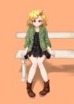  aki_shizuha alternate_costume bad_anatomy bad_id bad_pixiv_id blonde_hair body_blush boots contemporary dress hair_ornament hairclip jacket knees_together_feet_apart leaf leaf_hair_ornament leaf_on_head long_sleeves mizukiri orange_eyes pigeon-toed short_hair smile solo touhou 