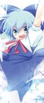  :d blue_eyes blue_hair bow cirno fujisaki_hikari hair_bow highres ice open_mouth smile solo touhou 