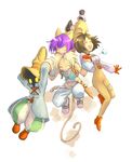  2girls :3 aoko_(kaina) black_mage blonde_hair bodysuit bow brown_hair closed_eyes eiko_carol final_fantasy final_fantasy_ix garnet_til_alexandros_xvii gloves hat highres horn multiple_boys multiple_girls open_mouth orange_bodysuit purple_hair tail vivi_ornitier yellow_bow zidane_tribal 