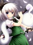  :&lt; ayase_midori black_hairband blue_eyes dual_wielding frown ghost hairband holding katana konpaku_youmu konpaku_youmu_(ghost) sheath short_hair silver_hair solo sword touhou weapon 