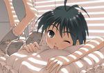  barefoot black_eyes black_hair blinds face foreshortening hands idolmaster idolmaster_(classic) kikuchi_makoto lying nokia_(harusion) on_stomach one_eye_closed pajamas pillow short_hair solo 