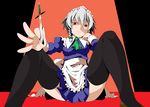  braid izayoi_sakuya kanoe knife maid maid_headdress red_eyes short_hair silver_hair sitting solo thighhighs touhou twin_braids 