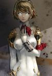  aegis_(persona) android aqua_eyes armband blonde_hair bow breasts eyelashes gyworz headphones highres large_breasts lips nose persona persona_3 realistic ribbon robot_joints short_hair solo 