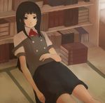  black_eyes black_hair book bookshelf library long_hair lying oboru_konbu original reclining school_uniform smile solo strap_slip 