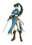  boots china_dress chinese_clothes dress fingerless_gloves fire_emblem fire_emblem:_rekka_no_ken full_body gloves green_eyes green_hair holding holding_sword holding_weapon izuka_daisuke long_hair looking_at_viewer lyndis_(fire_emblem) official_art ponytail smile solo standing sword weapon white_background 
