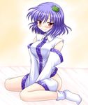  blue_hair blush bococho bottomless cosplay detached_sleeves embarrassed frog hair_ornament kochiya_sanae kochiya_sanae_(cosplay) red_eyes sitting socks solo touhou wariza yasaka_kanako 