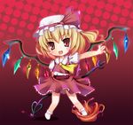  :d ascot blush coller crystal demon_wings flandre_scarlet full_body laevatein looking_at_viewer one_side_up open_mouth outstretched_arm puffy_short_sleeves puffy_sleeves red_skirt short_sleeves skirt smile solo standing tareme tomusooya touhou wings 
