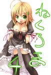  blonde_hair breasts cleavage dress green_eyes jirou_(chekoro) large_breasts nekuroma ribbon skirt skirt_lift solo thighhighs 