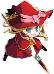  :d bakutendou blonde_hair blue_eyes boots bow capelet chibi doctor_magus drill_hair fang fighting_stance frills full_body gem hat long_hair looking_at_viewer open_mouth outstretched_arm pink_bow polearm sekaiju_no_meikyuu shadow sidelocks simple_background slit_pupils smile solo spear spread_legs staff twin_drills twintails wavy_hair weapon witch_hat 