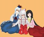  albino black_hair chiri_(o9o9) closed_eyes fujiwara_no_mokou hair_ribbon hat houraisan_kaguya kamishirasawa_keine long_hair multiple_girls red_eyes ribbon sitting suspenders touhou white_hair 