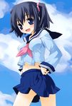  black_hair blue_eyes blue_sailor_collar blue_skirt cloud cloudy_sky day long_sleeves looking_at_viewer neckerchief noto_(soranoto) original pleated_skirt sailor_collar school_uniform serafuku shirt short_hair skirt sky solo white_shirt 