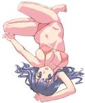  barefoot bikini blue_eyes blue_hair breasts hirose_(mokiki) large_breasts looking_at_viewer navel open_mouth original simple_background solo swimsuit upside-down white_background 